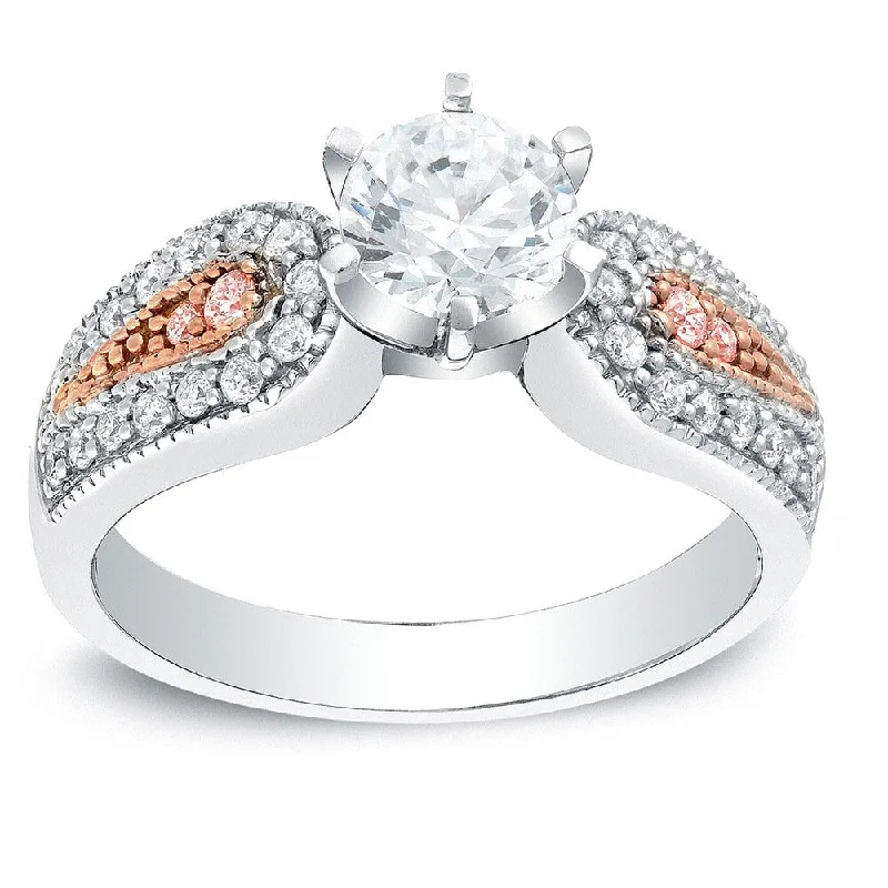 Auriya Vintage 1ct TDW Round Diamond Engagement Ring with Pink Diamond Accents 14k Two-Tone Gold