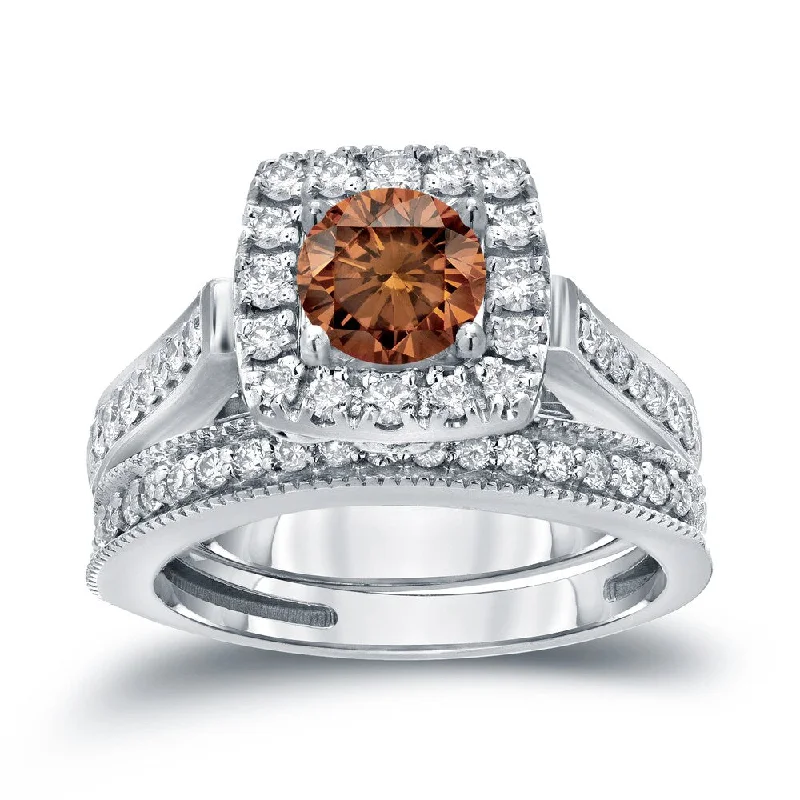 Auriya Vintage 1ctw Round Halo Brown Diamond Engagement Ring Set 14k Gold