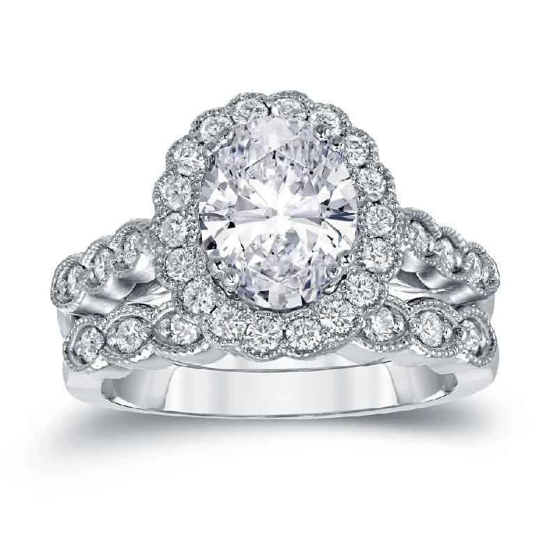 Auriya Vintage 3 1/10ctw Halo Oval Diamond Engagement Ring Set Platinum Certified