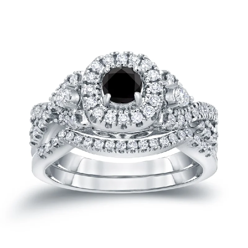 Auriya Vintage 3/4ctw Halo Black Diamond Engagement Ring Set 14k Gold