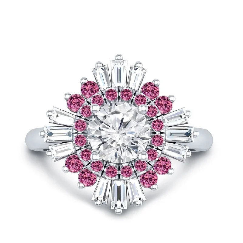 Auriya Vintage Ballerina 3/4ct Moissanite Pink Sapphire and Halo Diamond Engagement Ring 14k Gold (G-H, VS1-VS2)