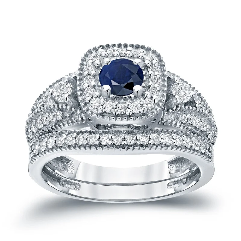 Auriya Vintage Inspired 1/5ct Blue Sapphire and 1/2ctw Halo Diamond Engagement Ring Set 14kt Gold