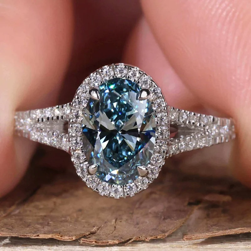 Blue Oval Diamond Engagement Ring