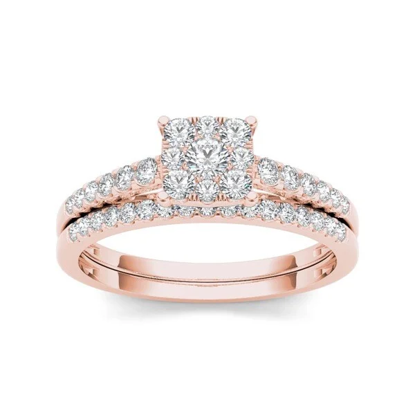 De Couer 10k Rose Gold 1/2ct TDW Diamond Cluster Engagement Ring Set - White