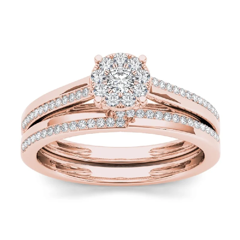 De Couer 10k Rose Gold 1/3ct TDW Diamond Cluster Engagement Ring Set with One Band