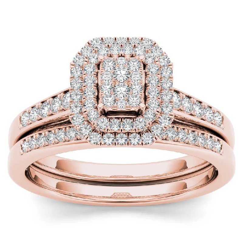 De Couer 14k Rose Gold 1/3ct TDW Diamond Cluster Halo Engagement Ring Set