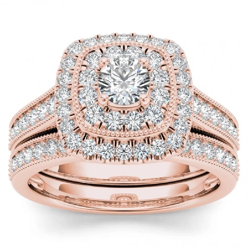 De Couer 14k Rose Gold 3/4ct TDW Diamond Double Halo Bridal Ring Set