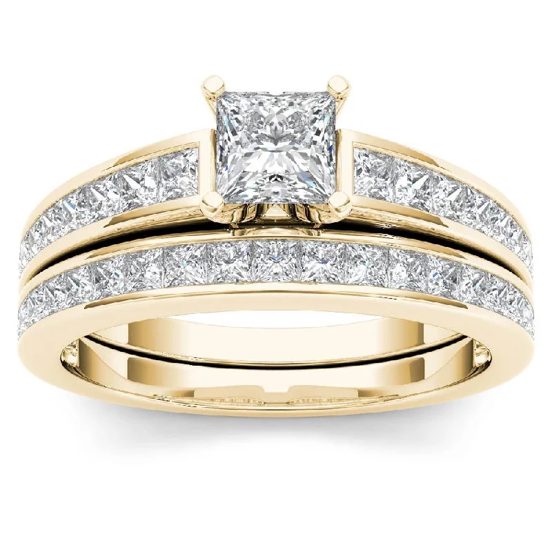 De Couer 14K Yellow Gold 1 1/2ct TDW Princess-Cut Diamond Engagement Ring Set