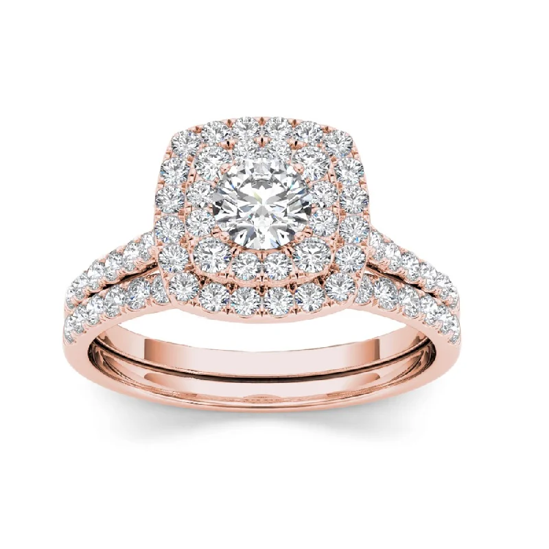 De Couer IGI Certified 10k Rose Gold 1 1/4 ct TDW Diamond Halo Engagement Ring Set - Pink