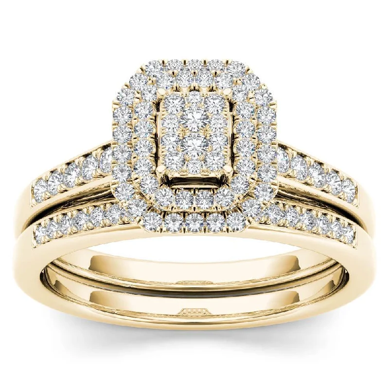 De Couer IGI Certified 14k Yellow Gold 1/3ct TDW Diamond Cluster Halo Engagement Ring Set