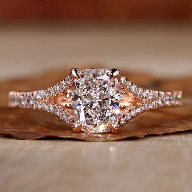 Elongated Cushion Cut Diamond Ring, Split Shank Pave Engagement Ring