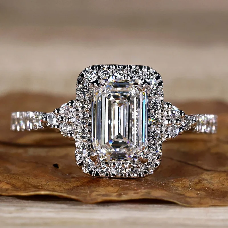 Emerald Cut Lab Grown Diamond Halo Engagement Ring