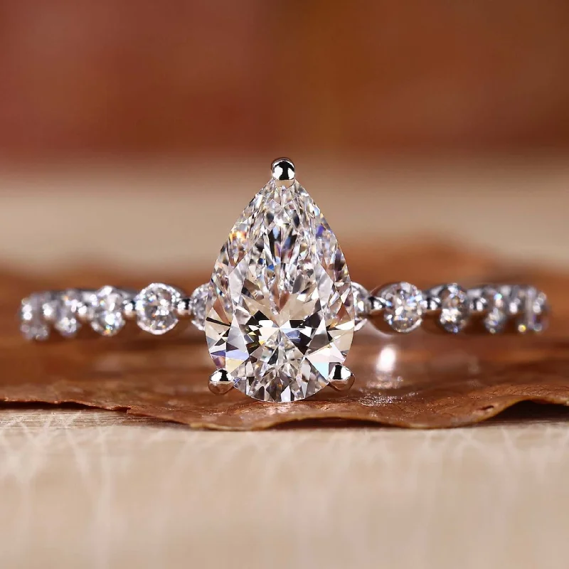 Hidden Halo Engagement Ring, Pear Cut Lab Grown Diamond Ring