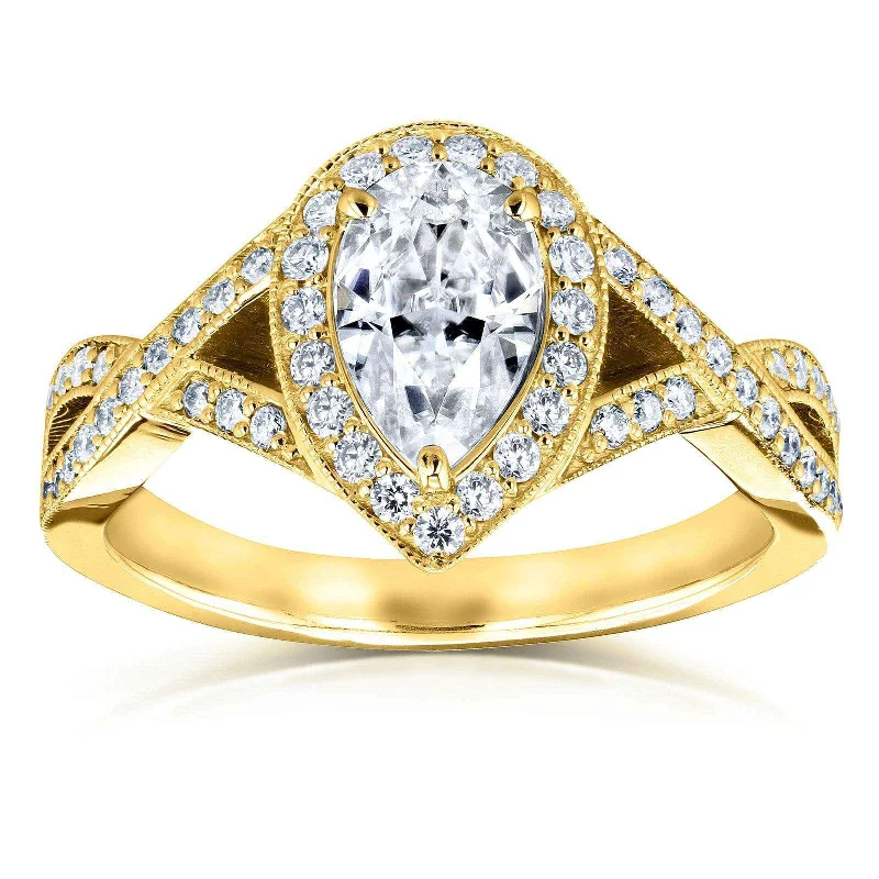 Pear Moissanite and Diamond Halo Crossover Engagement Ring  1 1/3 CTW 14k Yellow Gold (DEF/VS, GH/I)