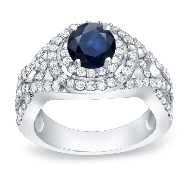 Platinum Round 1/2ct Sapphire and 1ct TDW Diamond Halo Engagement Ring by Auriya