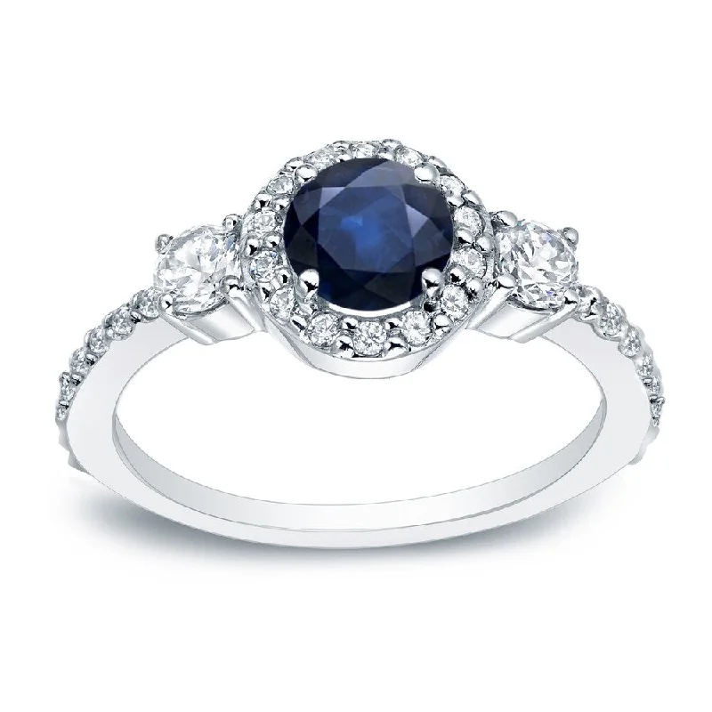 Platinum Round 1/4ct Sapphire and 1/2ct TDW Diamond Halo Engagement Ring by Auriya