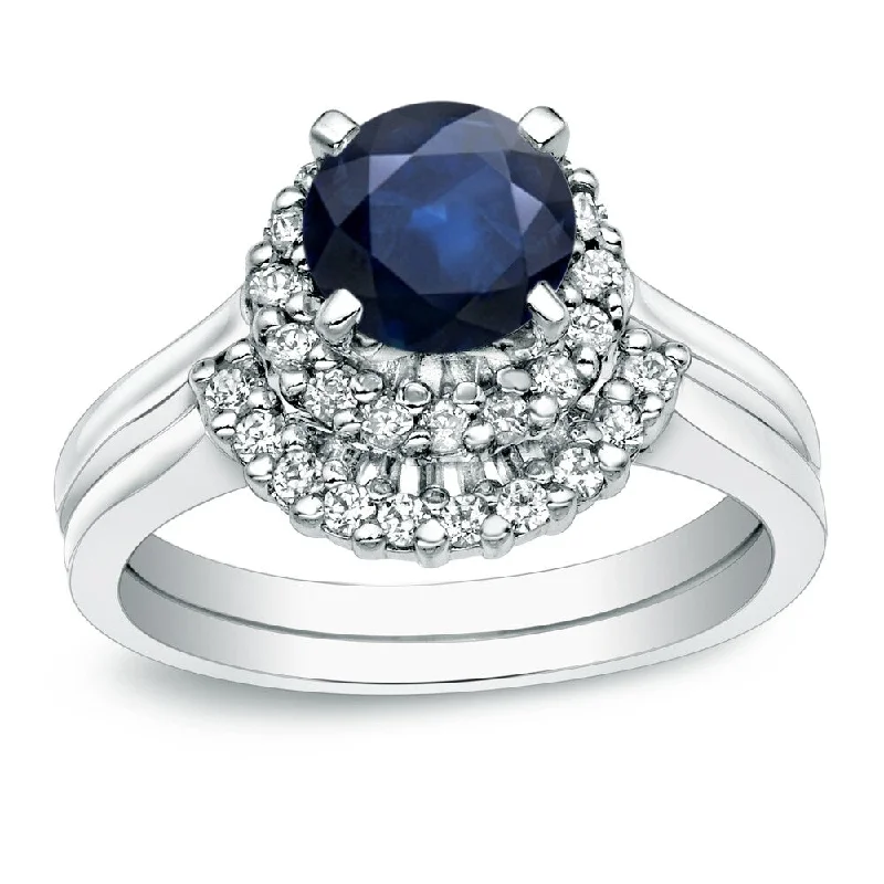 Platinum Round 3/4ct Sapphire and 1/4ct TDW Diamond Halo Engagement Ring Set by Auriya