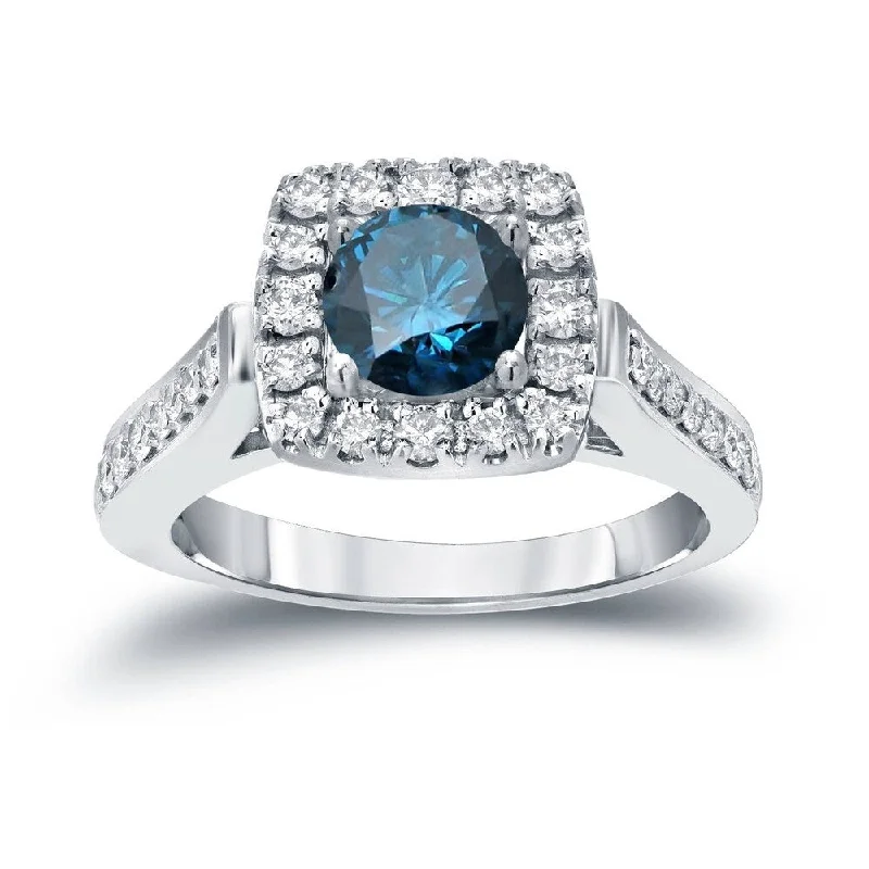 Round 7/8ct TDW Blue Diamond Halo Engagement Ring in 14k Gold by Auriya