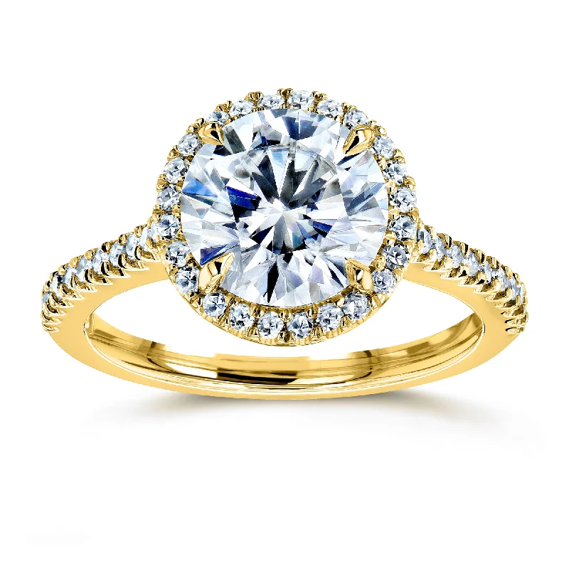 Round Brilliant Forever One Moissanite and Diamond Halo Engagement Ring 2 1/6 CTW 14k Yellow Gold (DEF/VS, GH/I)