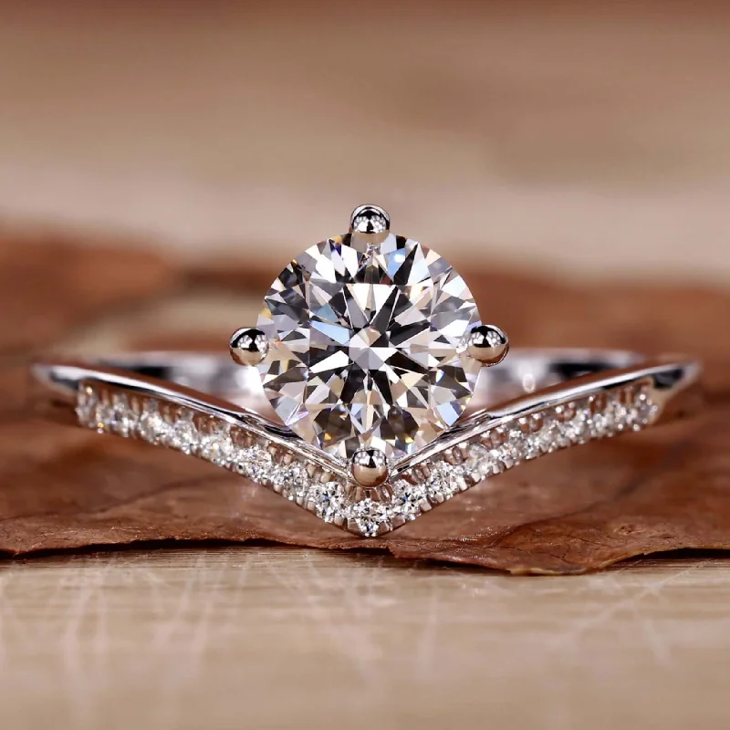 Round Lab Grown Diamond Engagement Ring, Chevron Diamond Ring