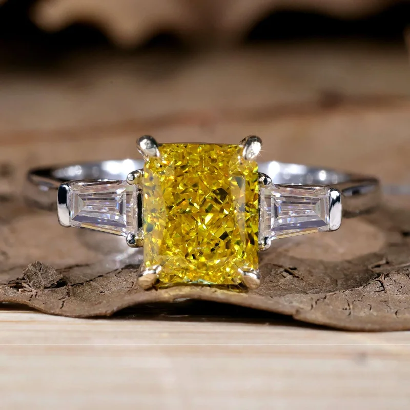 Antique Vivid Yellow Radiant Cut Lab Diamond Three Stones Engagement Ring, Lab Created Diamond Ring for Women