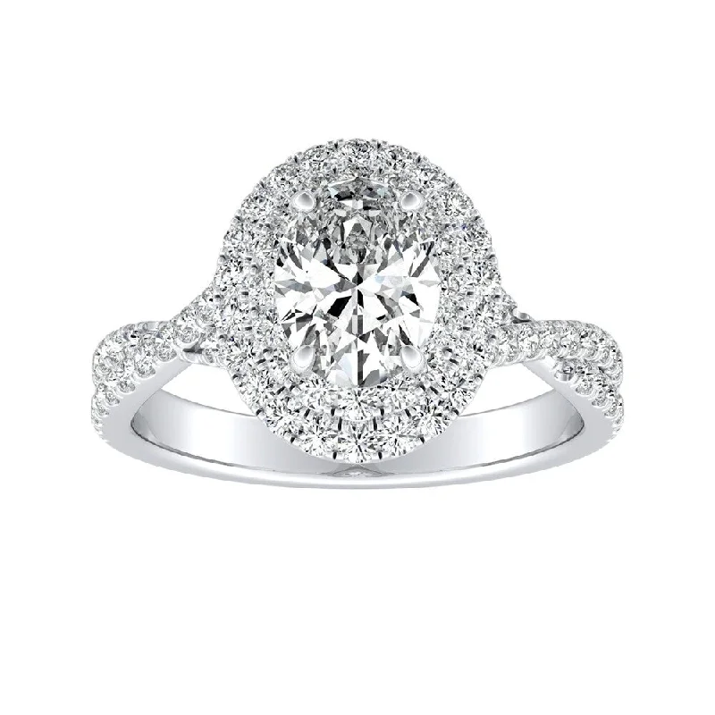 Twisted Oval Shape 3/4ctw Double Halo Diamond Engagement Ring 14k Gold by Auriya