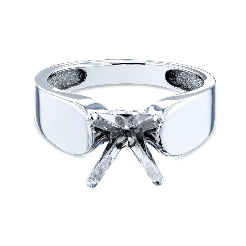 Wide 14k White Gold Semi Mount Ring (Fits 2ct Round)