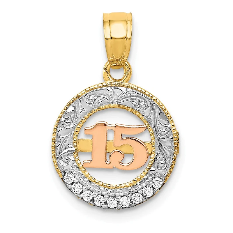 Gemstone - Encrusted Pendants with a Sparkling Centerpiece14k Two Tone Gold, White Rhodium & CZ Number 15 Circle Pendant, 12mm