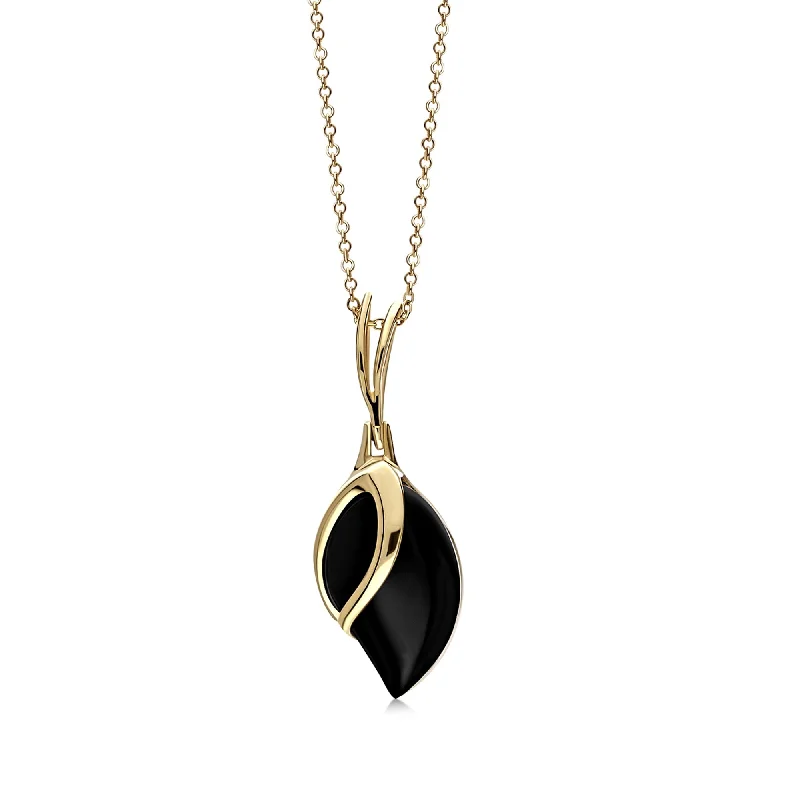 Locket Pendant Necklaces with Personalized Engravings9ct Yellow Gold Whitby Jet Teardrop Leaf Pendant