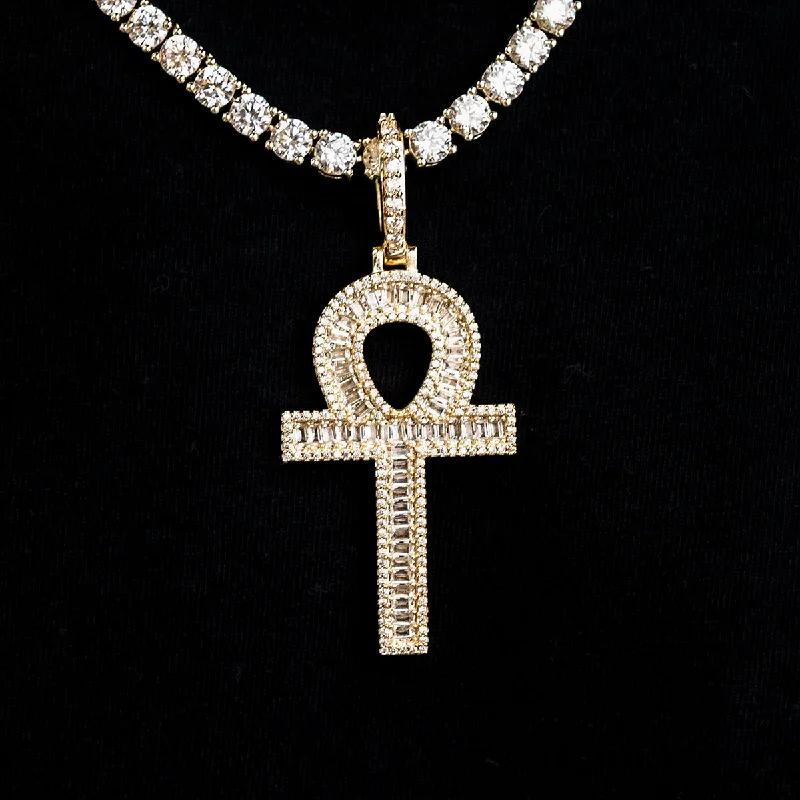 Locket Pendant Necklaces with Personalized EngravingsDiamond Baguette Ankh Cross Pendant in Yellow Gold