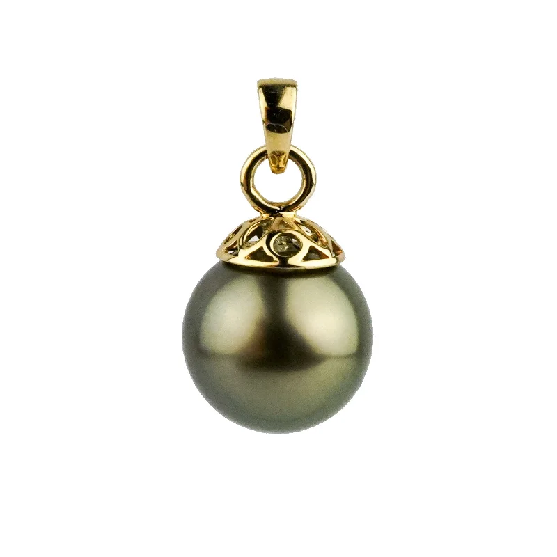 Nature - Inspired Pendant Necklaces with Leaf or Flower DesignsDark Golden Green 10mm Tahitian Pearl Filigree Pendant