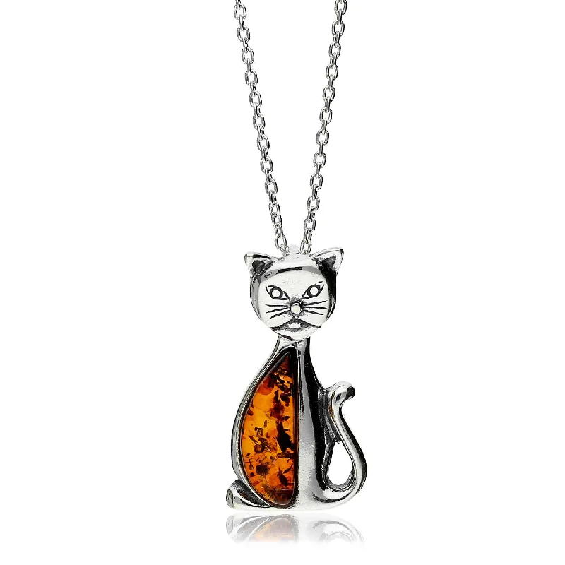 Nature - Inspired Pendant Necklaces with Leaf or Flower DesignsSterling Silver Amber Cat Pendant