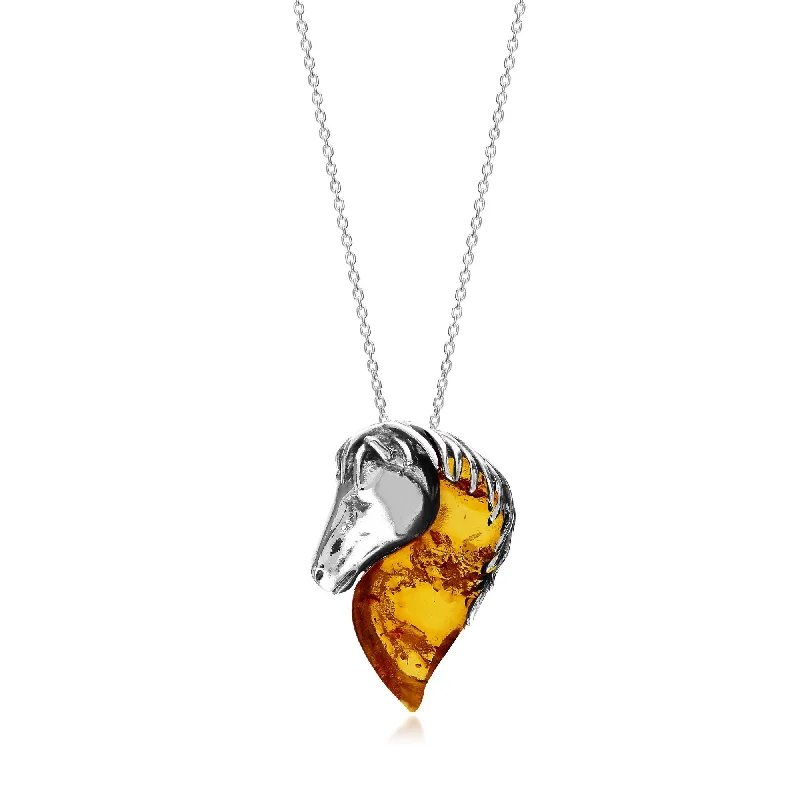 Nature - Inspired Pendant Necklaces with Leaf or Flower DesignsSterling Silver Amber Horse Pendant