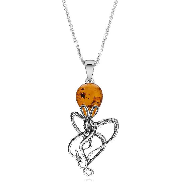 Heart - Shaped Pendant Necklaces with Birthstone InlaysSterling Silver Amber CZ Larger Octopus Pendant