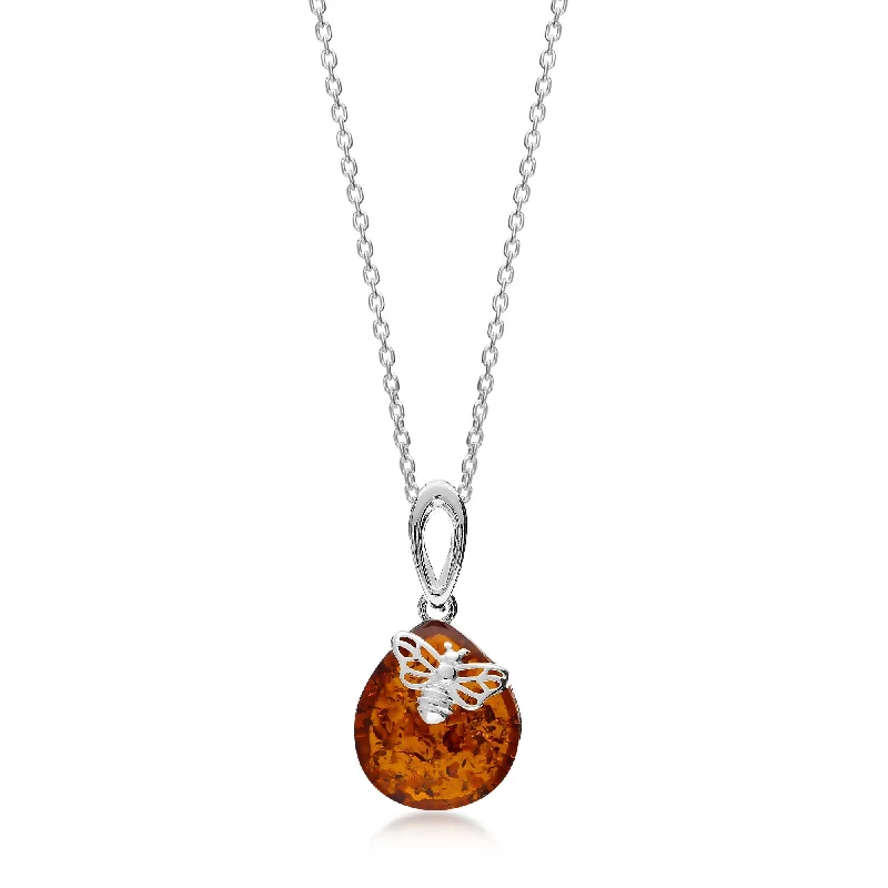 Heart - Shaped Pendant Necklaces with Birthstone InlaysSterling Silver Amber Teardrop Bee Pendant