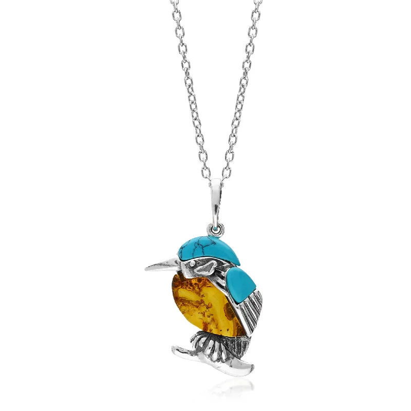 Nature - Inspired Pendant Necklaces with Leaf or Flower DesignsSterling Silver Amber & Turquoise Kingfisher Pendant