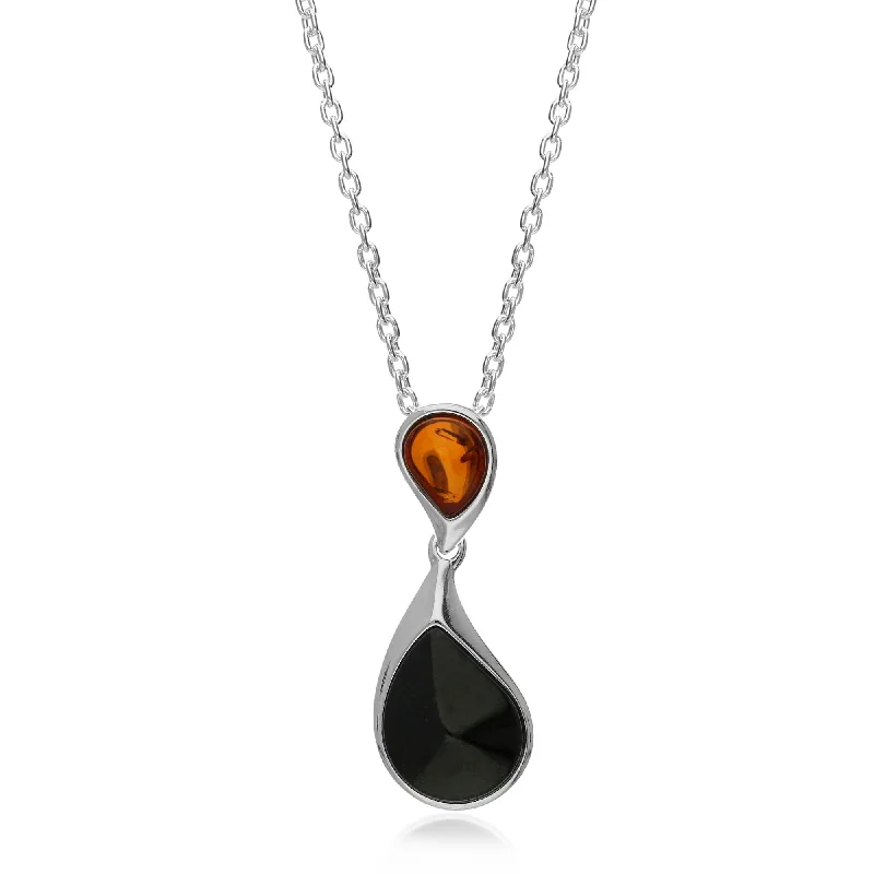 Heart - Shaped Pendant Necklaces with Birthstone InlaysSterling Silver Double Teardrop Whitby Jet and Amber