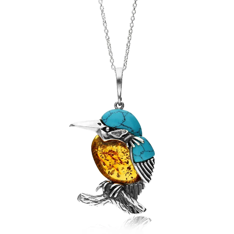 Locket Pendant Necklaces with Personalized EngravingsSterling Silver Large Amber & Turquoise Kingfisher Pendant