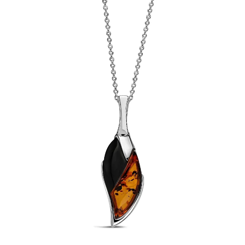 Zodiac Sign Pendant Necklaces for Astrology EnthusiastsSterling Silver Whitby Jet & Amber Long Split Leaf Pendant