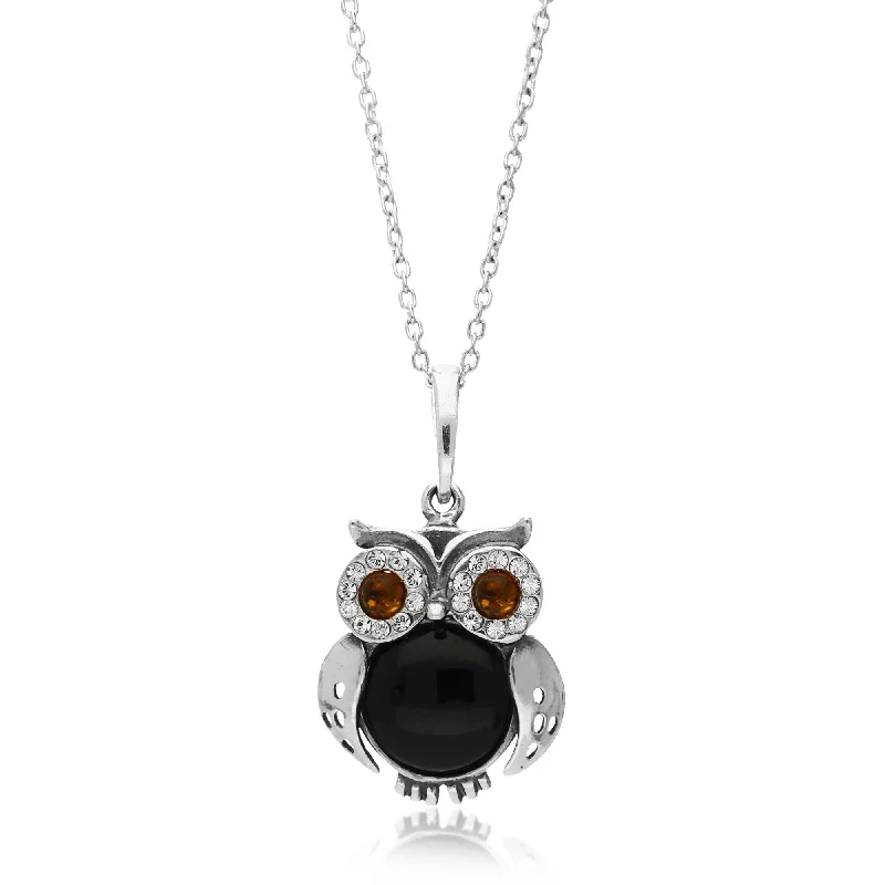 Locket Pendant Necklaces with Personalized EngravingsSterling Silver Whitby Jet & Amber Owl Pendant