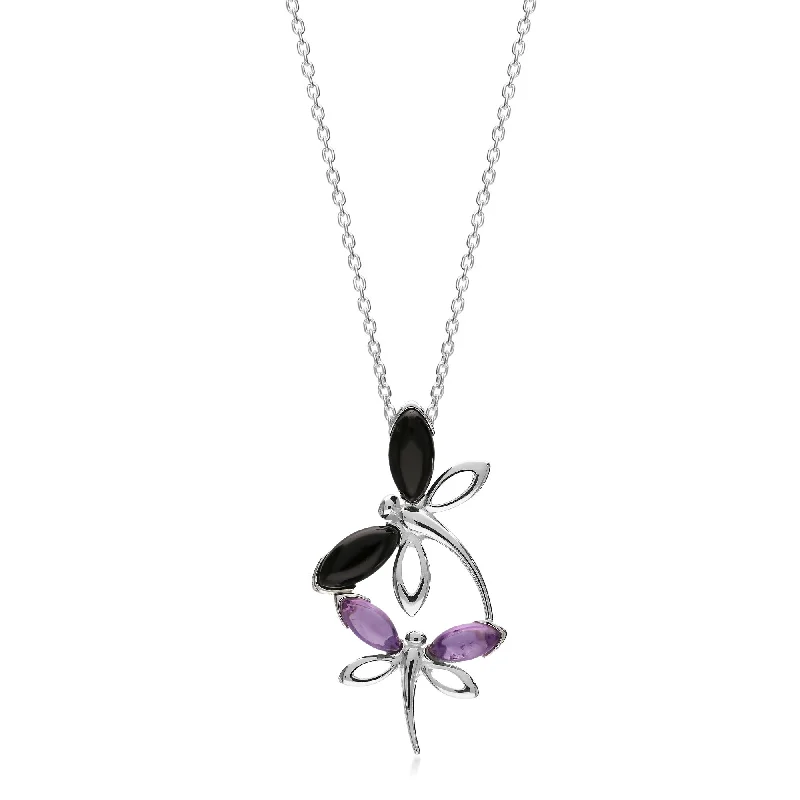 Heart - Shaped Pendant Necklaces with Birthstone InlaysSterling Silver Whitby Jet & Amethyst Dragonfly Pendant