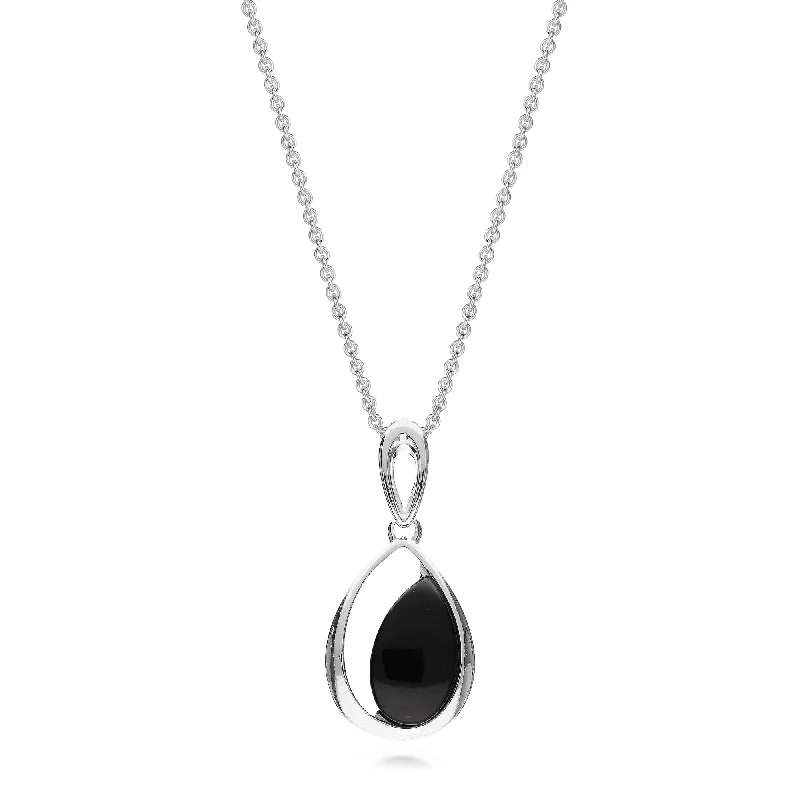 Crystal - Embellished Pendant Necklaces for a Glamorous LookSterling Silver Whitby Jet Designer Offset Teardrop Pendant